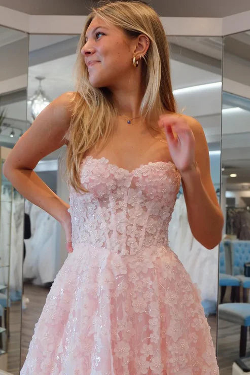 AerbaDress Cute Pink Evening Dress Flowers Lace A-Line Long Prom Dresses