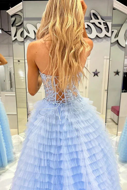 AerbaDress Elegant Light Blue Evening Dress Sweetheart Tiered Tulle Long Prom Dresses