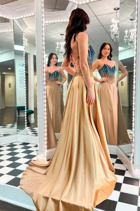 AerbaDress A-Line Evening Dress Strapless Gold Long Prom Dresses with Beadings