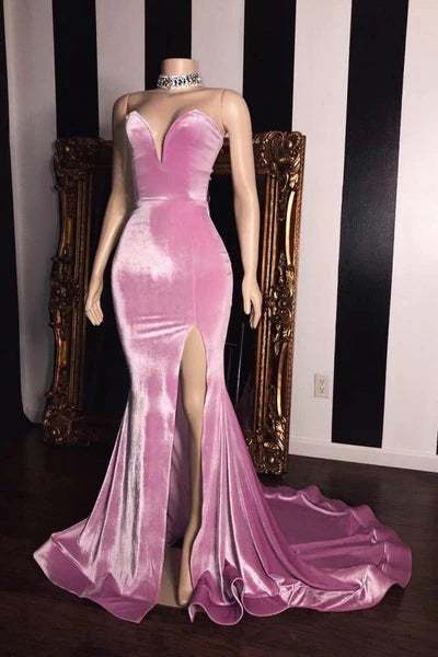 Mermaid Long Prom Dresses Pink Velvet Sweetheart Ball Gown Elegant Side Slit