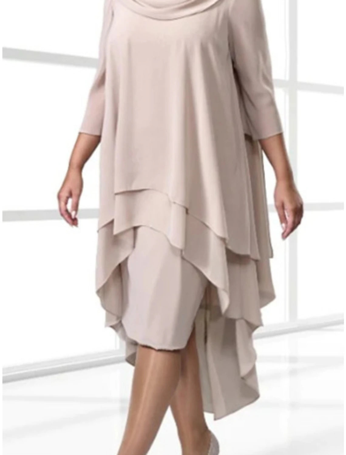 Sheath / Column Mother of the Bride Dress Wedding Guest Simple Scoop Neck Asymmetrical Stretch Chiffon 3/4 Length Sleeve with Ruching