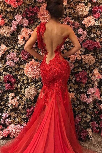 AerbaDress Prom Dresses One-Shoulder Appliquéd Tulle Beaded Mermaid Floor-Length Evening Dress