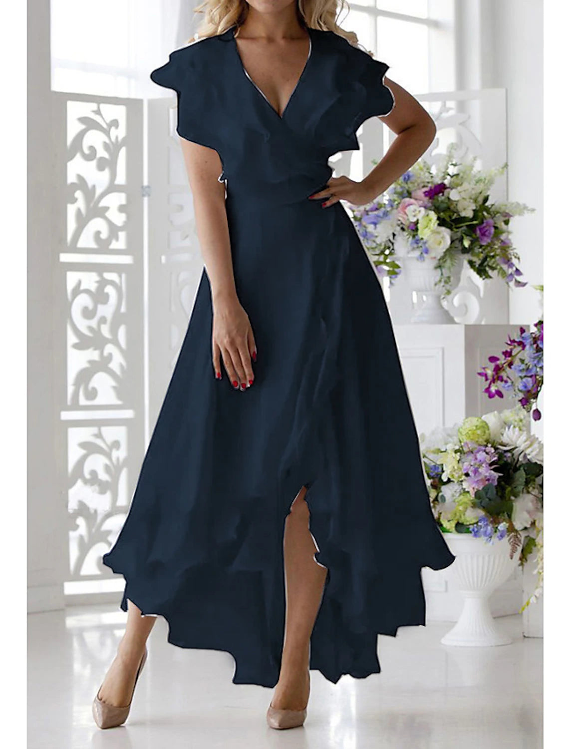 A-Line Mother of the Bride Dress Fall Wedding Guest Elegant High Low V Neck Asymmetrical Chiffon Short Sleeve with Ruffles