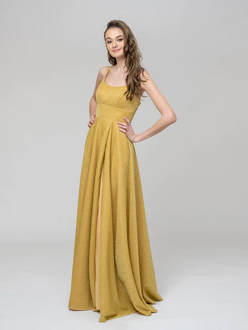 AerbaDress A Line Spaghetti Strap Metallic Glitter Floor Length Prom Dresses