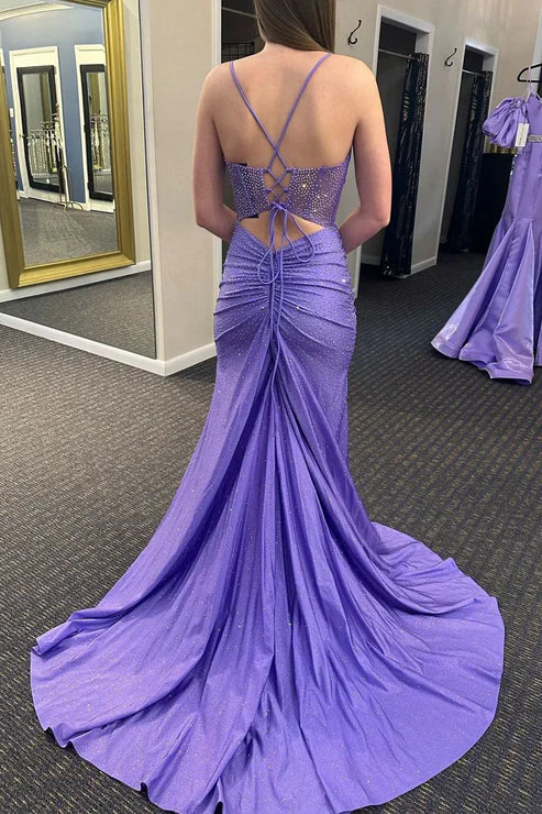 AerbaDress Mermaid Evening Dress V Neck Lavender Beaded Long Prom Dresses