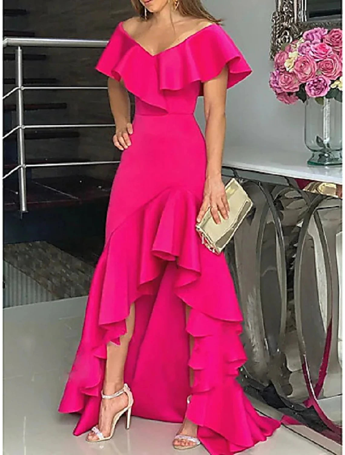 A-Line Wedding Guest Dresses Minimalist Dress Wedding Party Semi Formal Asymmetrical Sleeveless V Neck Satin with Ruffles