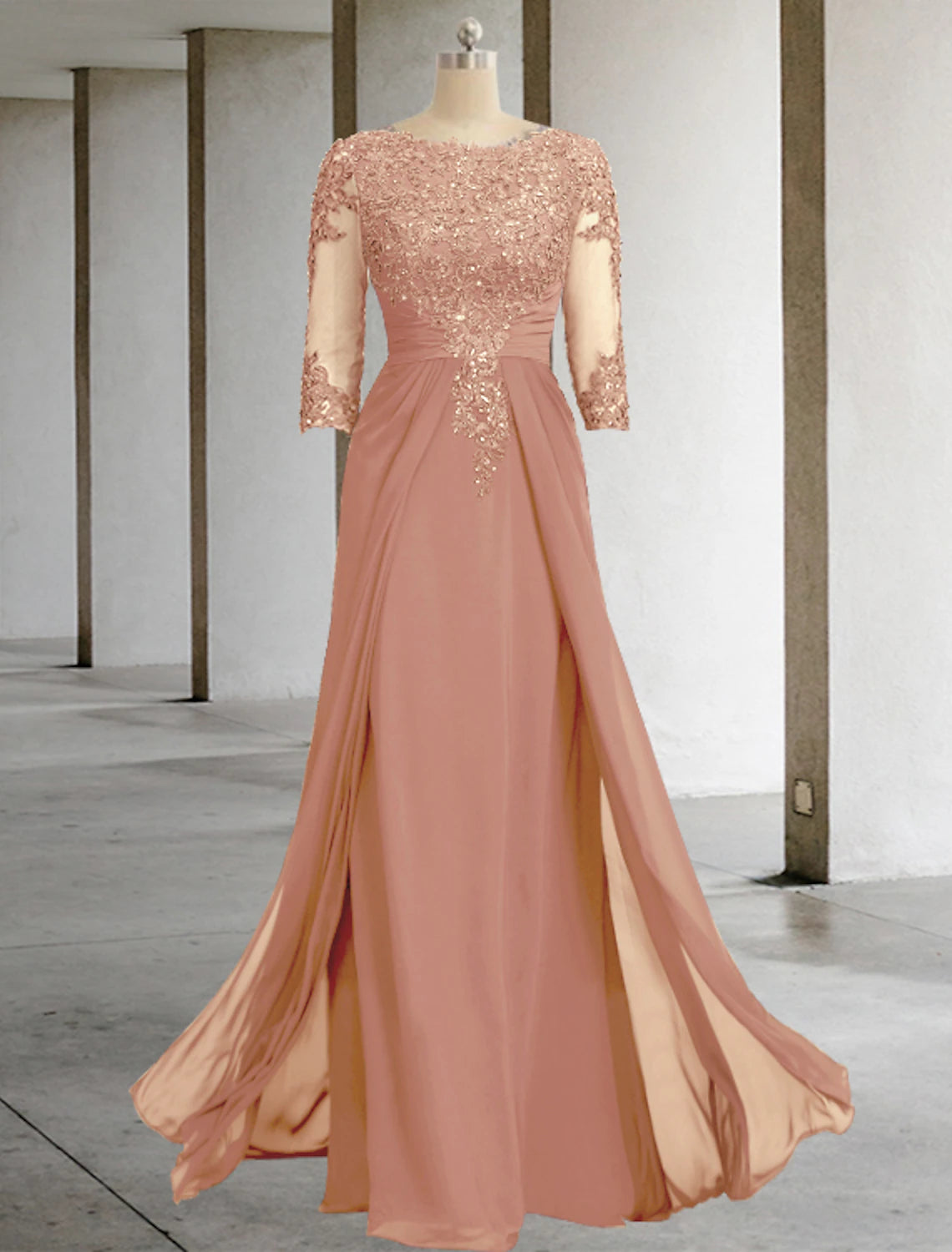 Sheath / Column Mother of the Bride Dress Formal Fall Wedding Guest Elegant Sequin Scoop Neck Floor Length Chiffon Lace 3/4 Sleeve with Appliques