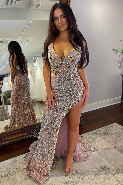AerbaDress Fashion Mermaid V Neck Prom Dresses Blush Sequins Evening Dress