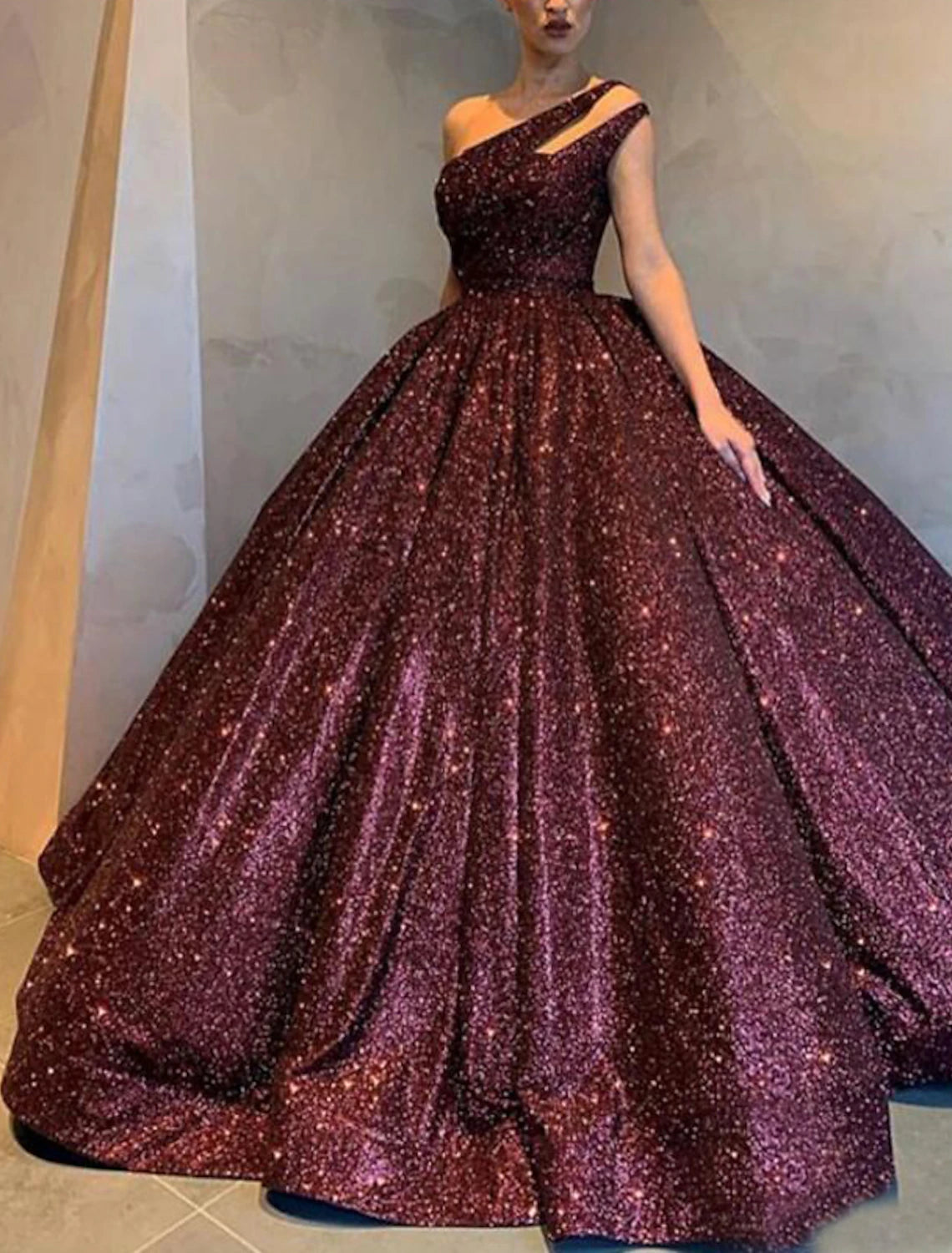 Ball Gown Sparkle Sexy Quinceanera Formal Evening Dress One Shoulder Sleeveless Floor Length Sequined with Pleats