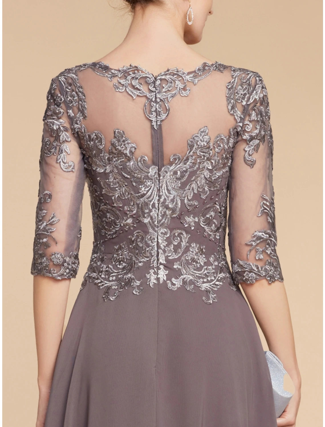 A-Line Mother of the Bride Dress Wedding Guest Elegant Vintage Scoop Neck Asymmetrical Chiffon Lace Half Sleeve with Ruching