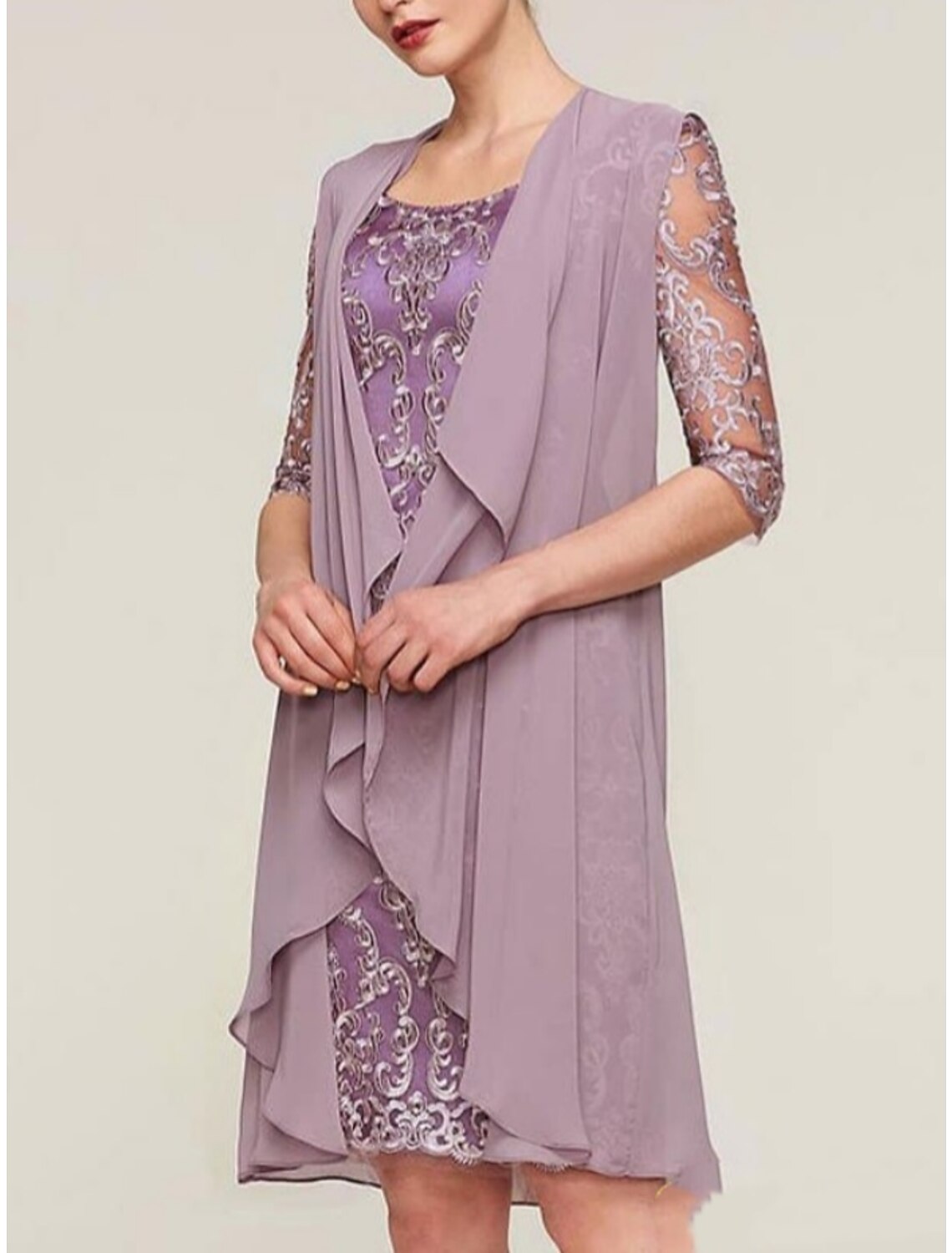 Two Piece Sheath / Column Mother of the Bride Dress Wedding Guest Elegant Petite Scoop Neck Knee Length Chiffon Half Sleeve with Lace Ruching