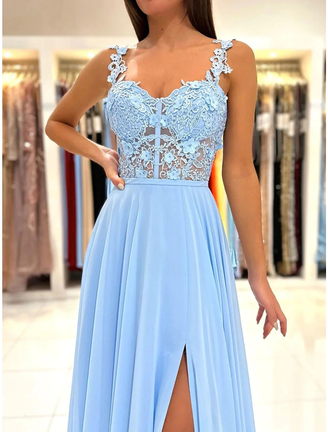 A-Line Prom Dresses Empire Dress Formal Prom Court Train Sleeveless Spaghetti Strap Chiffon Backless with Appliques