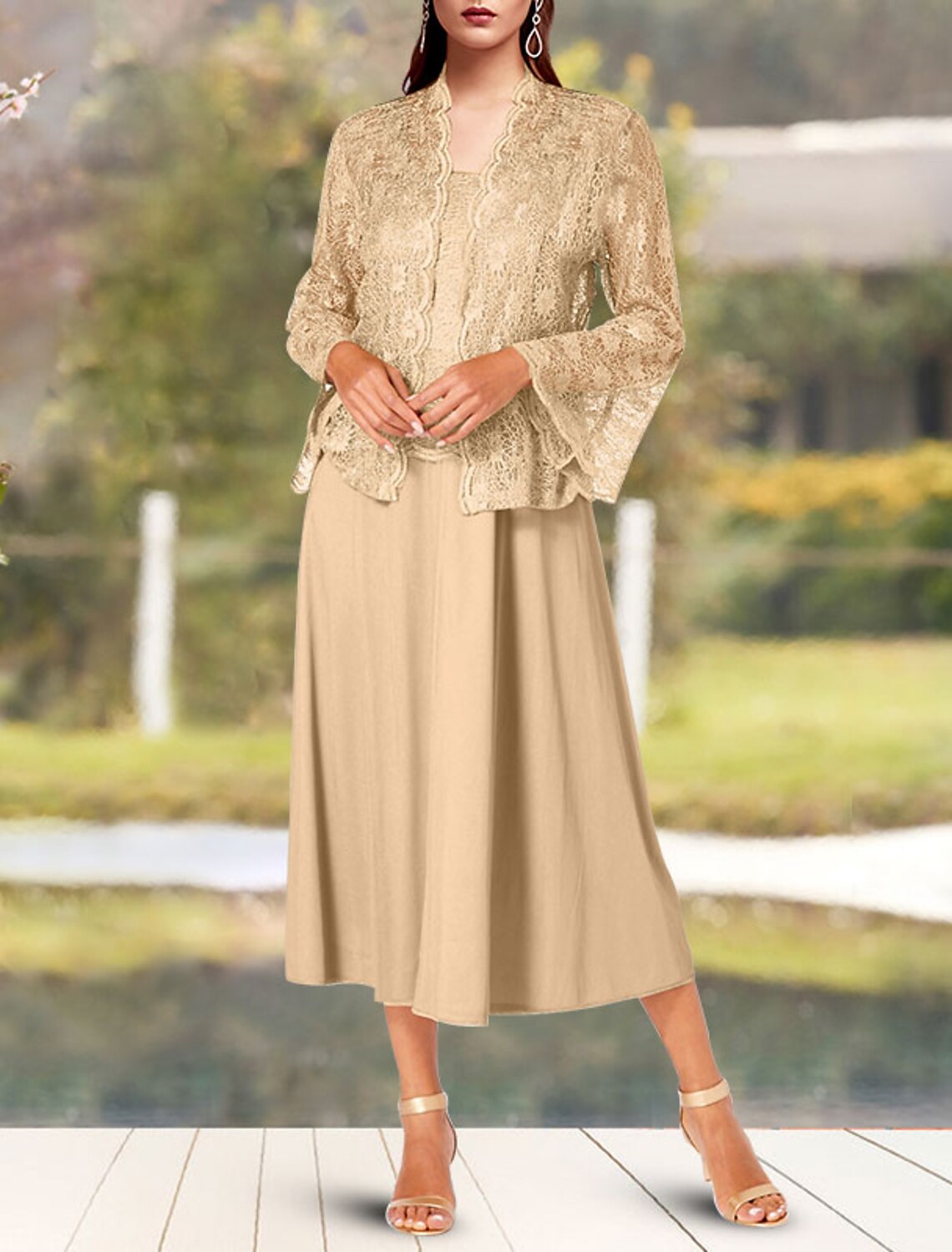 Two Piece A-Line Mother of the Bride Dress Church Elegant Square Neck Spaghetti Strap Tea Length Chiffon Lace Sleeveless Short Jacket Dresses