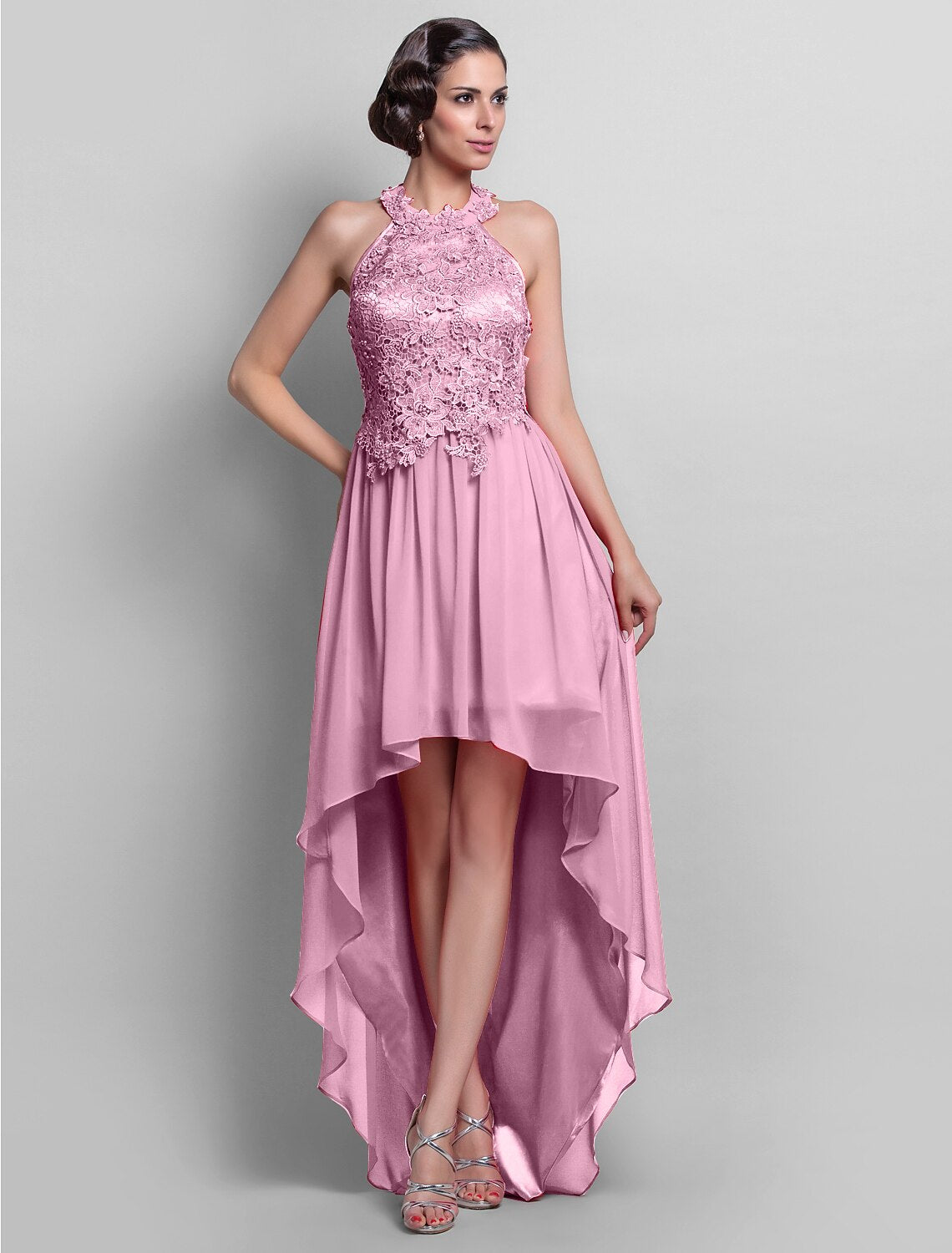 Sheath / Column Elegant Dress Wedding Guest Asymmetrical Sleeveless Halter Chiffon Backless with Appliques
