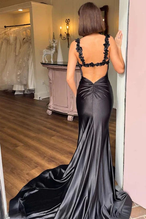 AerbaDress Mermaid Black Straps Floral Prom Dresses Long Formal Dresses