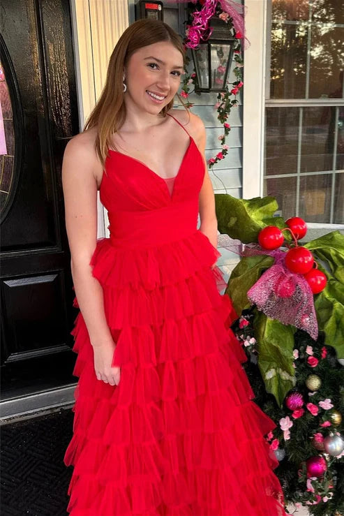 AerbaDress A-line Long Prom Dresses V Neck Red Layers Plunging Evening Dress