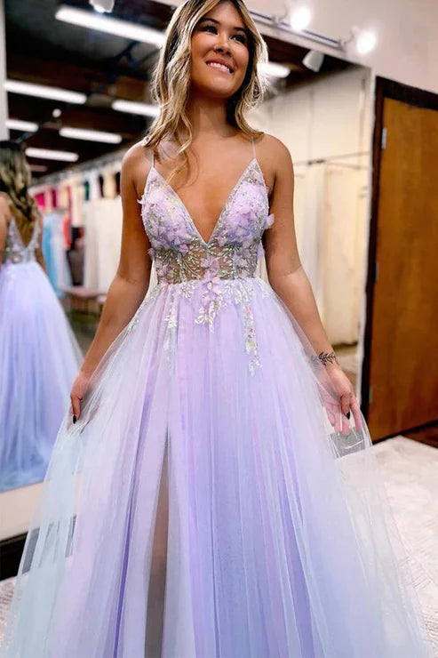 AerbaDress A-line Spaghetti Straps Slit Tulle V-Neck Prom Dresses Evening Dress