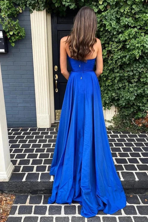 AerbaDress Fashion Long Prom Dresses Simple Royal Blue A Line Deep V Neck Evening Dress