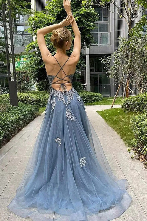 AerbaDress Long Prom Dresses A Line Spaghetti Straps Corset Back Split Evening Dress