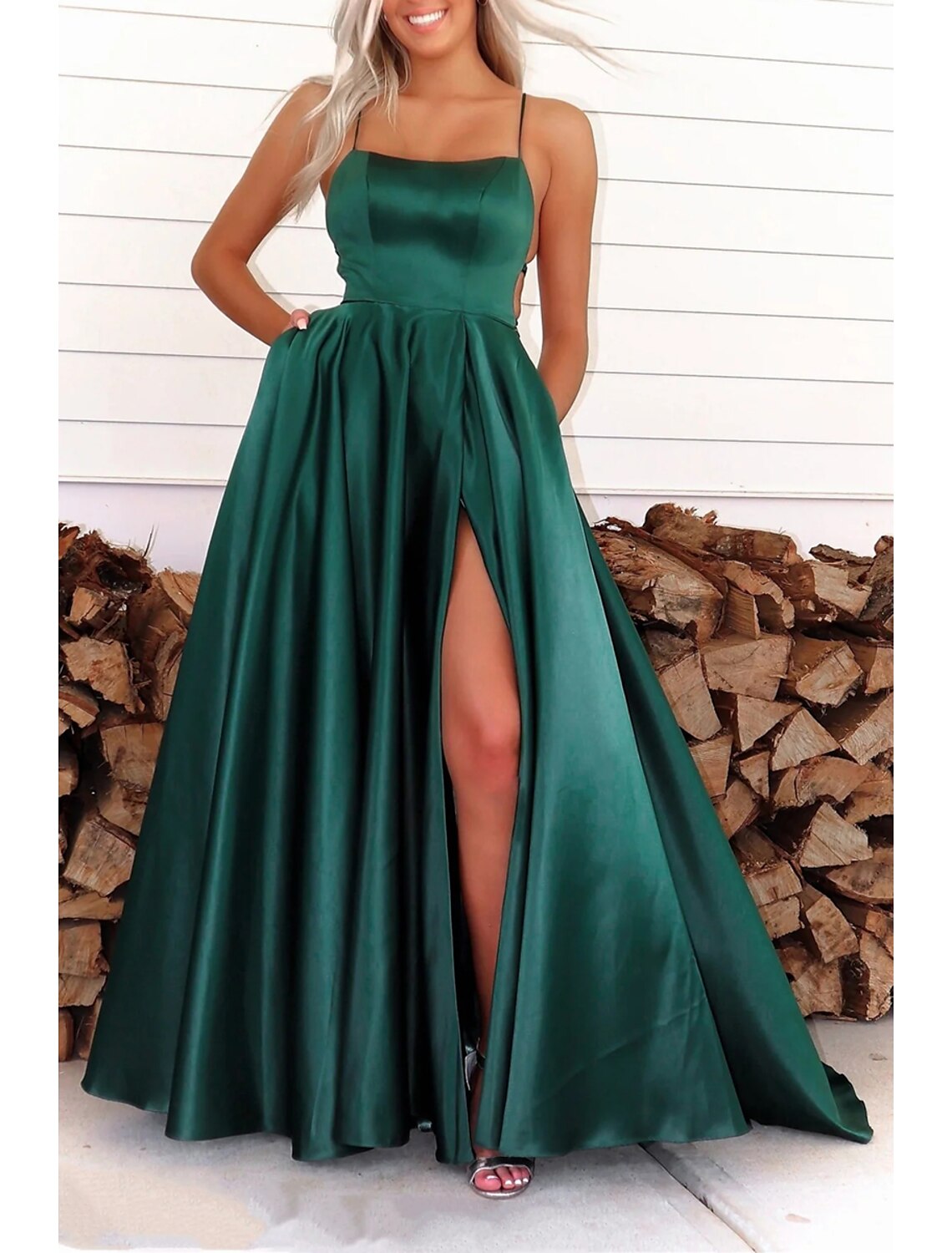 A-Line Prom Dresses Open Back Dress Formal Wedding Party Sweep / Brush Train Sleeveless Spaghetti Strap Satin Backless with Pleats