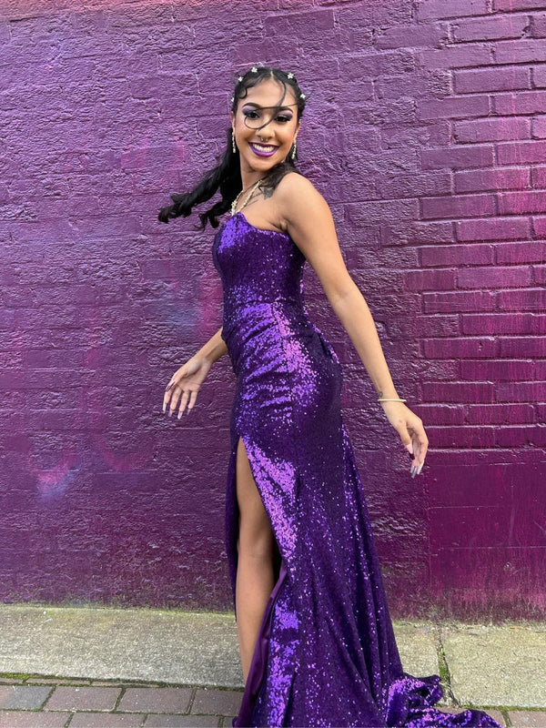 AerbaDress Strapless Slit Sequin Fitted Prom Dresses With Slit Prom Dresses