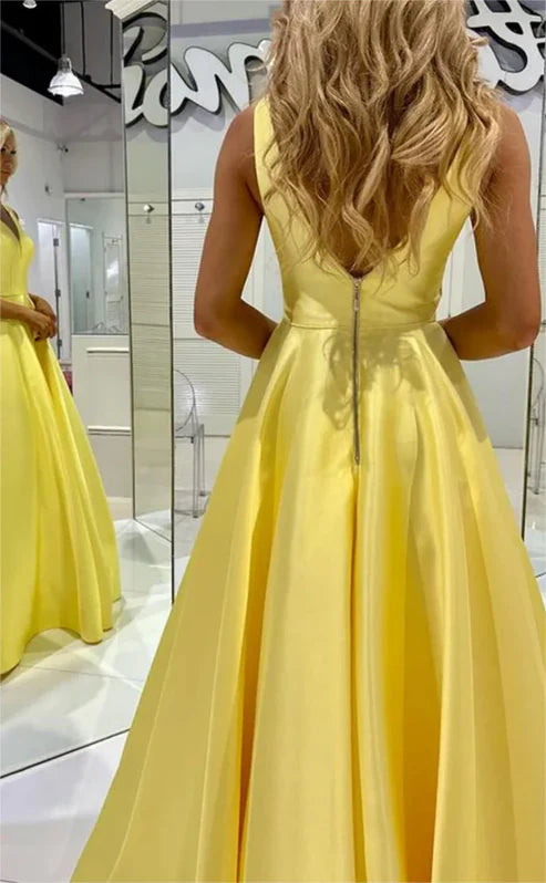 AerbaDress A-Line Satin Evening DressLong V Neck Prom Dresses Sleeveless Formal Party Dress