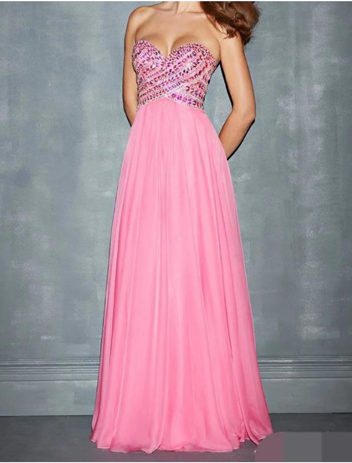 A-Line Evening Gown Glittering Dress Wedding Guest Wedding Party Sweep / Brush Train Sleeveless Sweetheart Chiffon with Rhinestone Beading