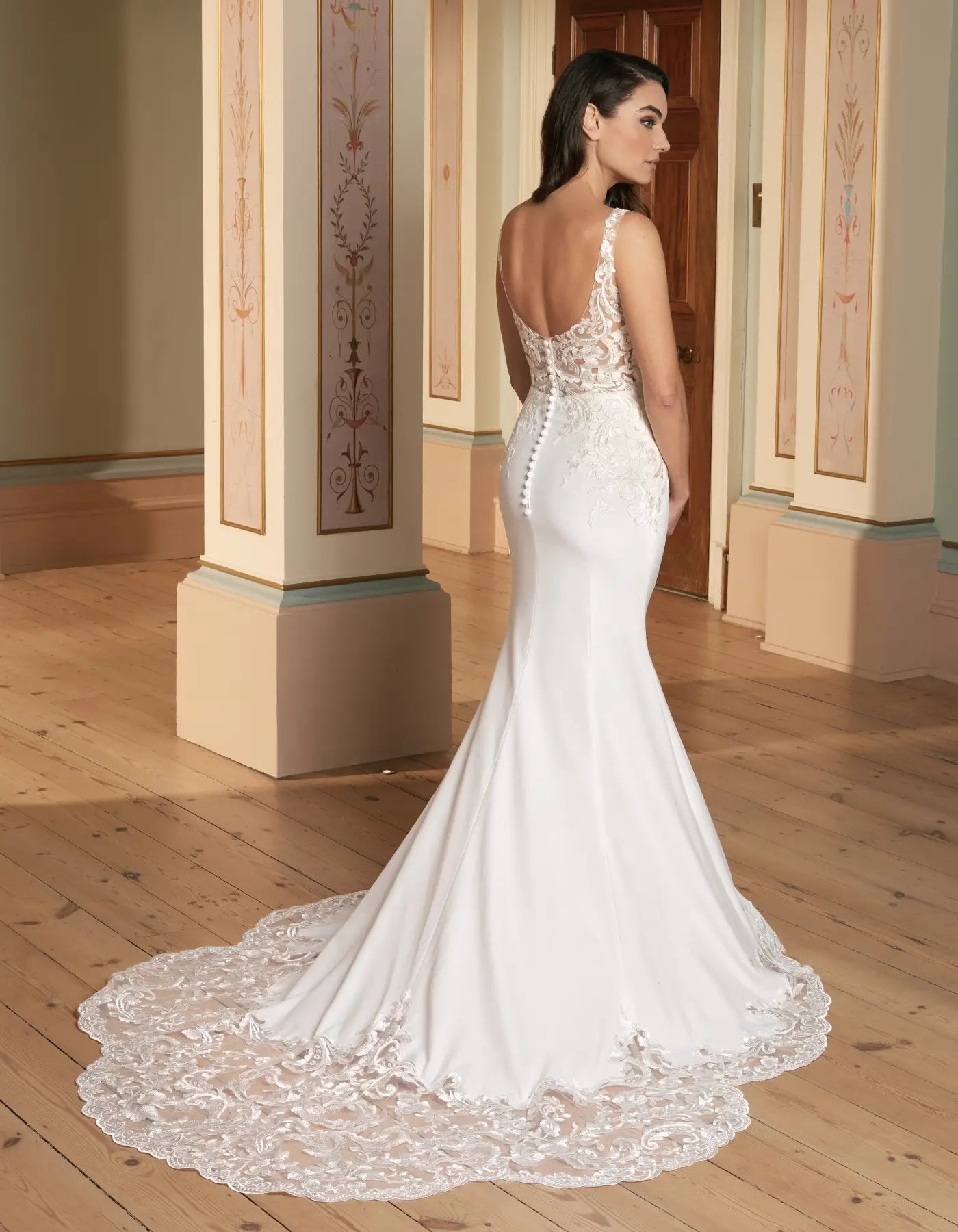 AerbaDress a crepe sheath with modern lace train