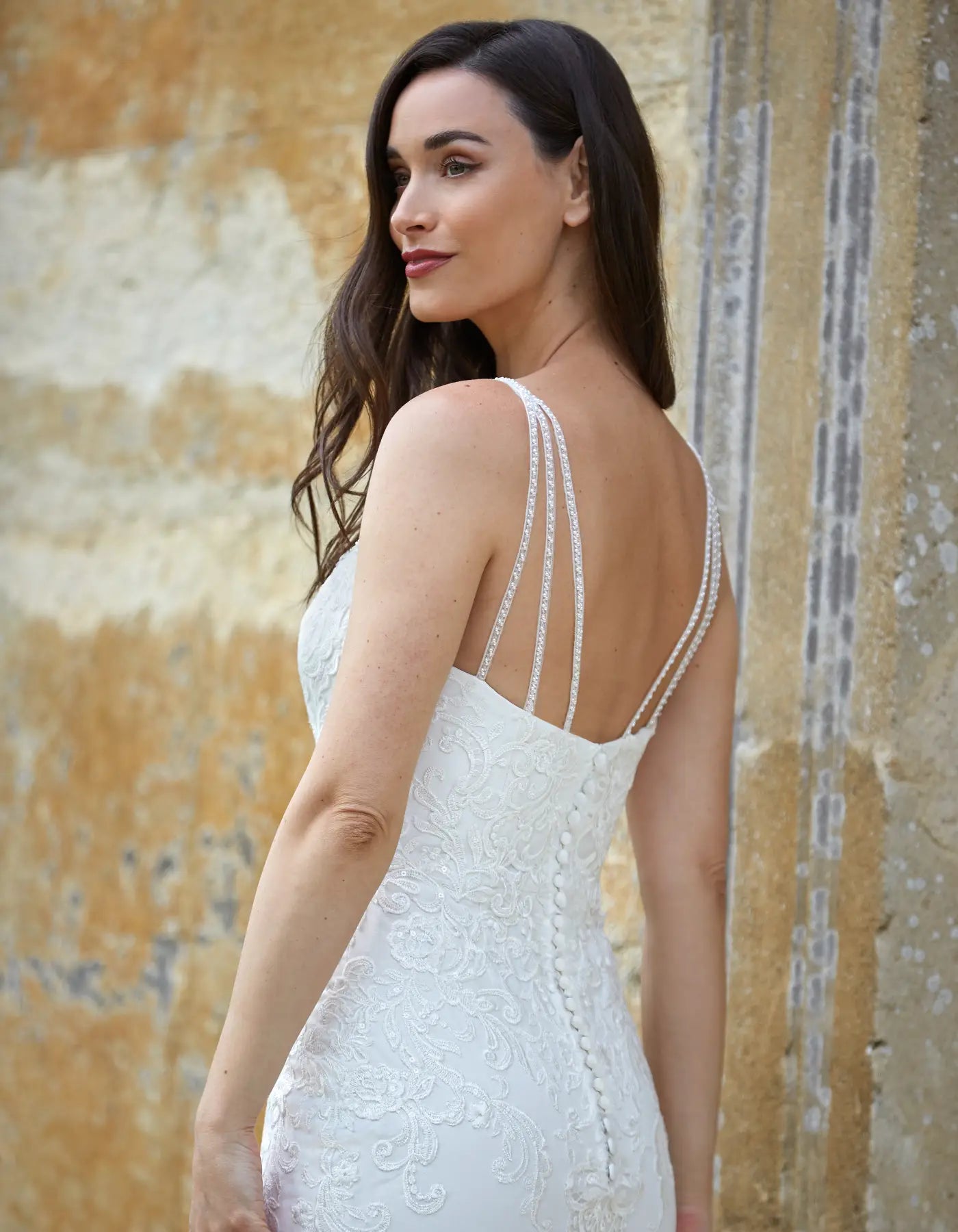 AerbaDress an ornate lace sheath gown with beaded straps