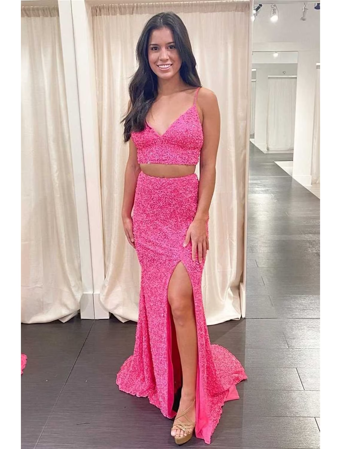 Prom Dresses Sparkle Shine Dress Party Wear Sleeveless Strap Sequined Backless with Sequin Slit