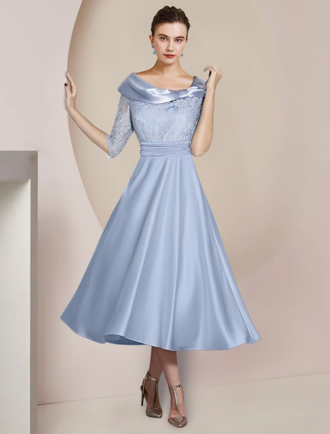 A-Line Mother of the Bride Dress Party Elegant Scoop Neck Satin Lace Half Sleeve with Bow(s) Pleats