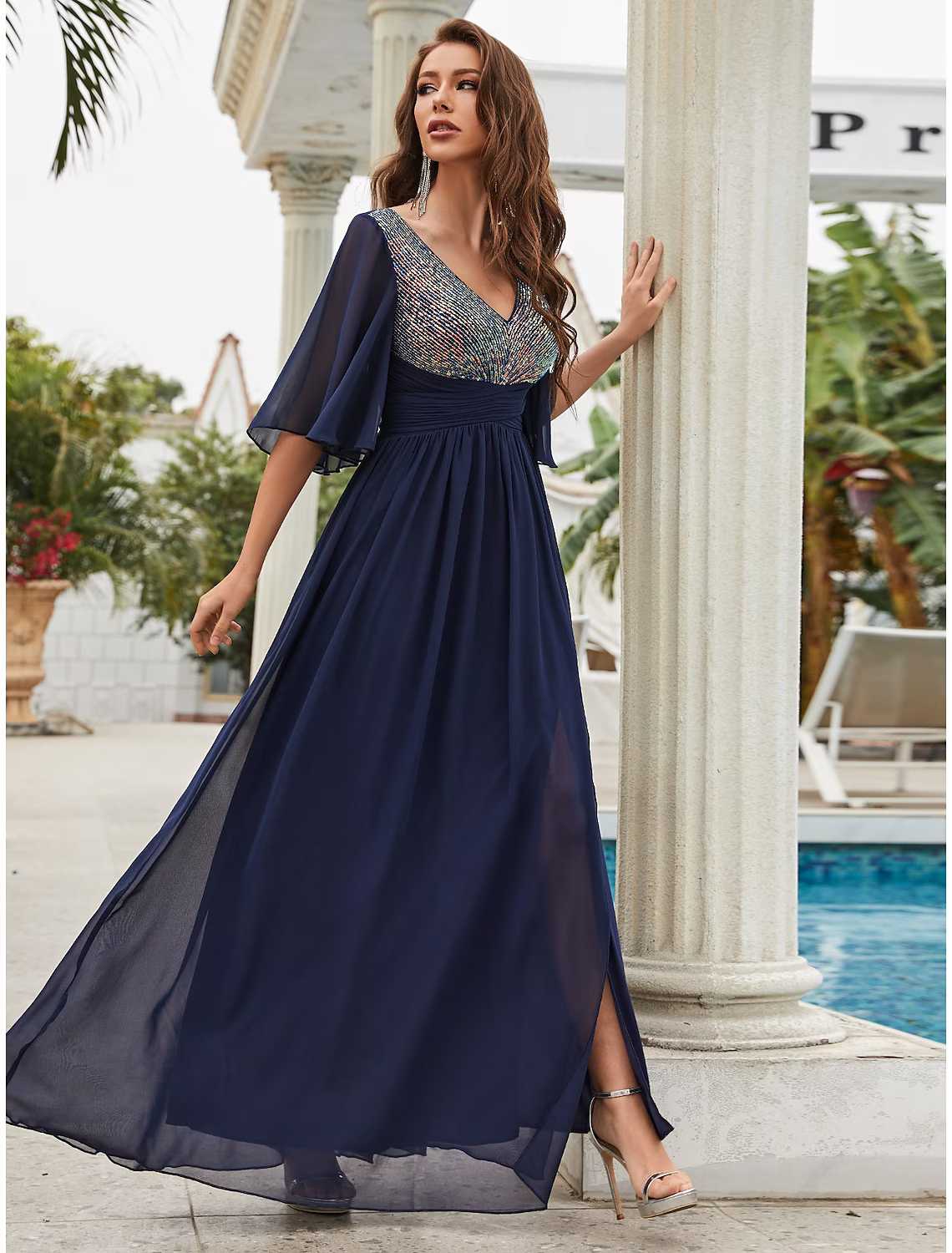 A-Line Wedding Dresses Sparkle Shine Dress Party Wear Floor Length Half Sleeve V Neck Chiffon with Crystals Ruffles