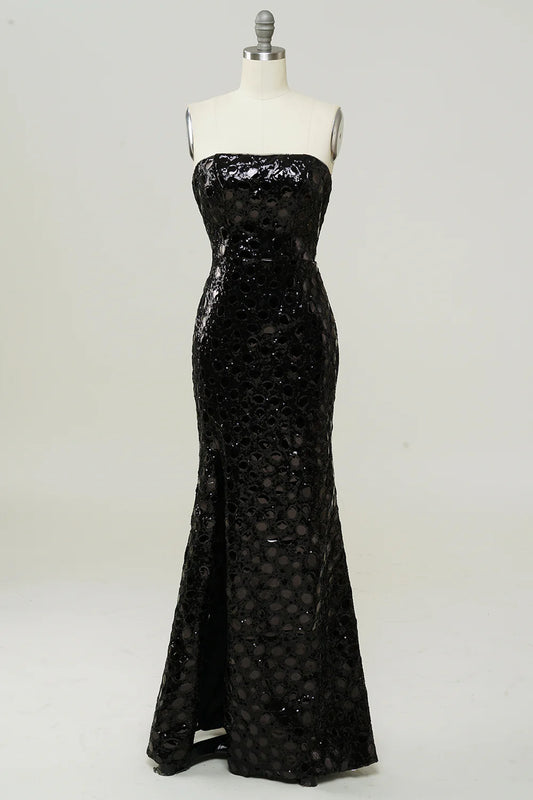 AerbaDress Black Strapless Sequined Mermaid Prom Dress