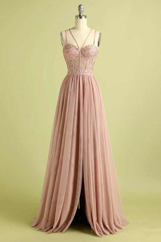 AerbaDress  Pink Split Front Spaghetti Straps Prom Dress