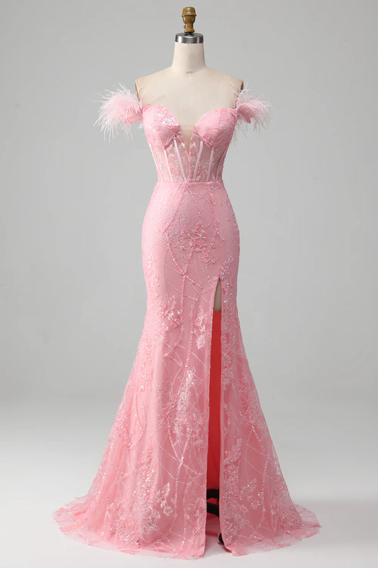 AerbaDress Mermaid Off the Shoulder Sparkly Pink Feathers Corset Prom Dress With Slit