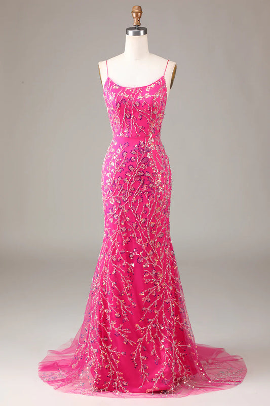 AerbaDress Hot Pink Sequins & Beaded Mermaid Prom Dress with Backless