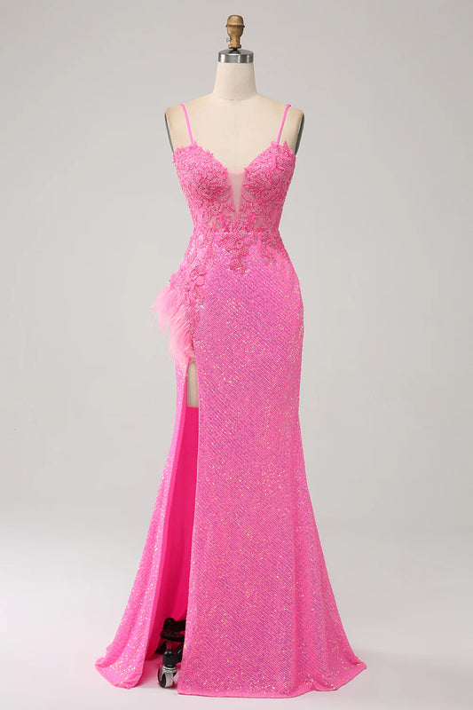 AerbaDress Trendy Mermaid Spaghetti Straps Pink Sequins Long Prom Dress with Appliques