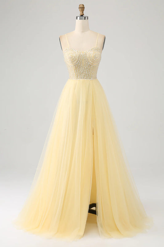 AerbaDress Tulle Beaded Light Yellow Prom Dress with Slit