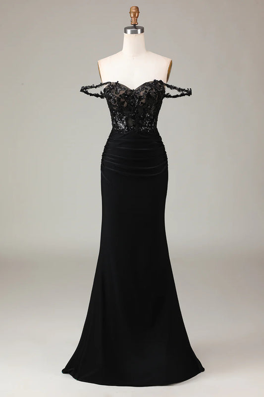 AerbaDress Off the Shoulder Black Sparkly Mermaid Prom Dress