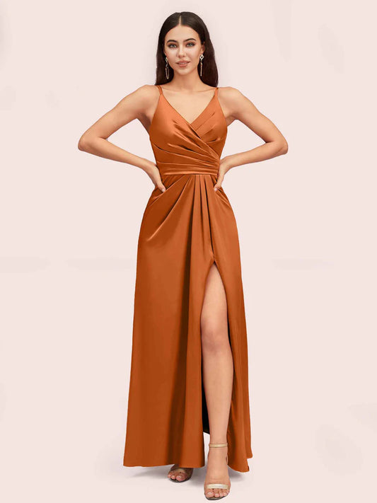 AerbaDress Bridesmaid Dresses Modern Spaghetti Straps V-Neck Side Slit Satin