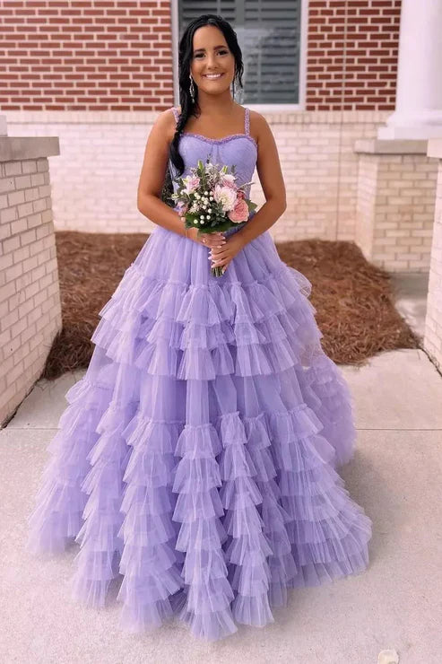 AerbaDress Lilac Evening Dress Sweetheart Ruffle Tulle A-Line Long Prom Dresses
