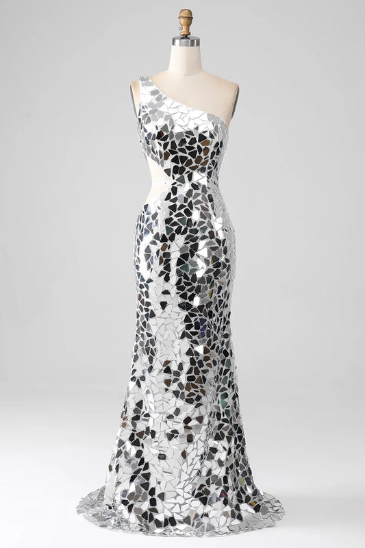 AerbaDress Silver Mirror Sequins One Shoulder Prom Dress with Hollow-out