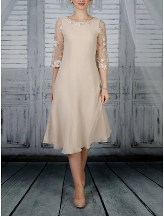 Sheath / Column Mother of the Bride Dress Wedding Guest Party Elegant Scoop Neck Tea Length Chiffon Lace Half Sleeve with Ruffles