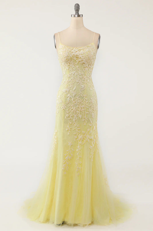 AerbaDress Yellow Mermaid Long Prom Dress with Appliques