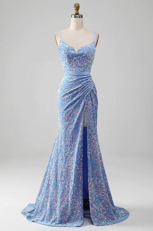 AerbaDress Sparkly Sequins Mermaid Light Blue Prom Dress with Slit