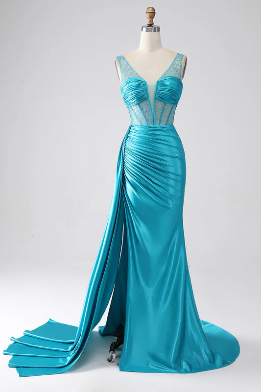 AerbaDress Turquoise Mermaid V-Neck Sweep Train Pleated Corset Beaded Prom Dress