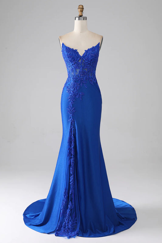 AerbaDress Royal Blue Mermaid Strapless Long Beaded Prom Dress With Appliques