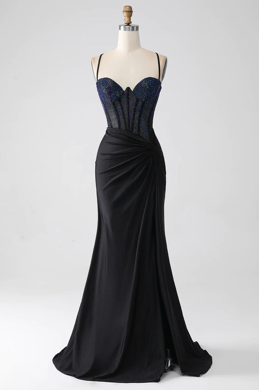 AerbaDress Black Mermaid Spaghetti Straps Long Corset Prom Dress With Beading