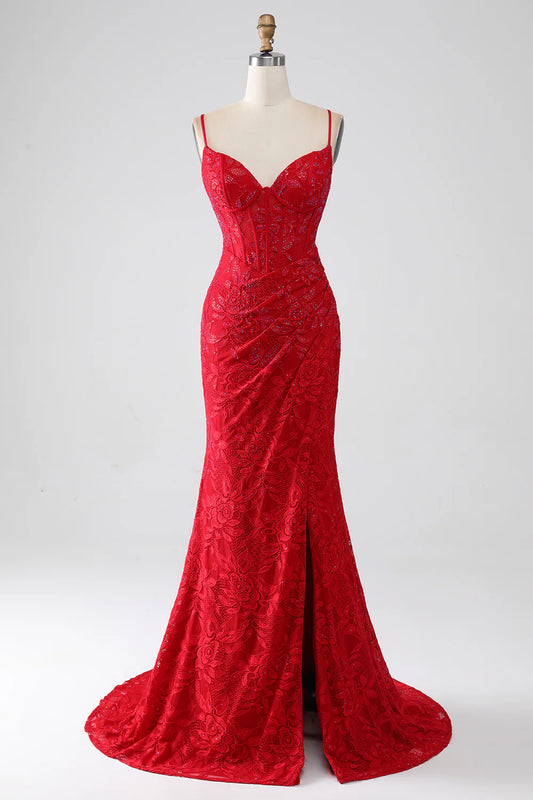 AerbaDress Red Mermaid Spaghetti Straps Beaded Lace Applique Prom Dress With Slit