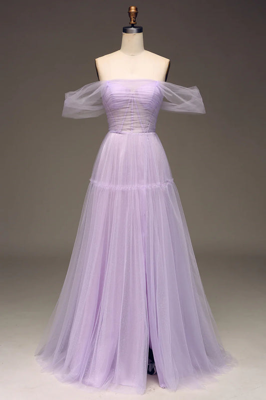 AerbaDress Lilac Off the Shoulder A Line Tulle Princess Prom Dress With Slit